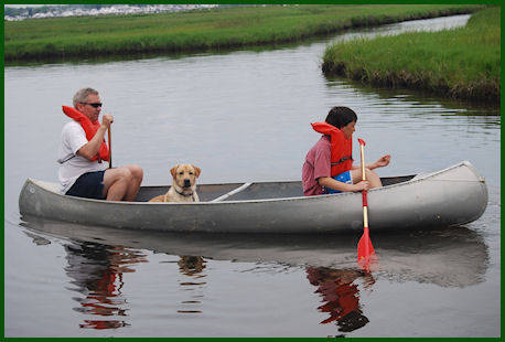 lab and family in canoe